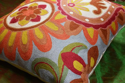 Soft Turquoise Hand Embroidered Floral Pillow Cover Flower Pillows Loral Outdoor Pillowcase Suzani Cushions Flower Chair Cushion Hand Embroidered Wool Size 18x18