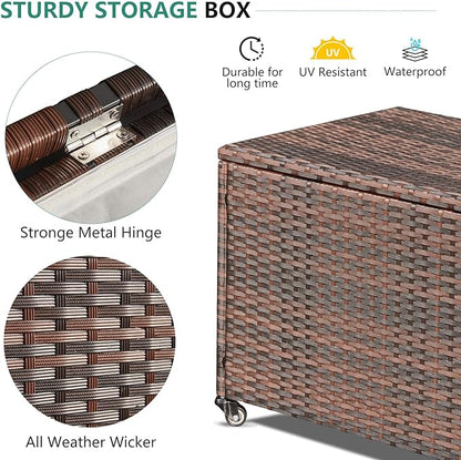 HOMREST Large Deck Box, Outdoor Wicker Storage Container with 70 Gallon, Patio Rattan Furniture for Garden Tools, Pillows, Pool, Brown