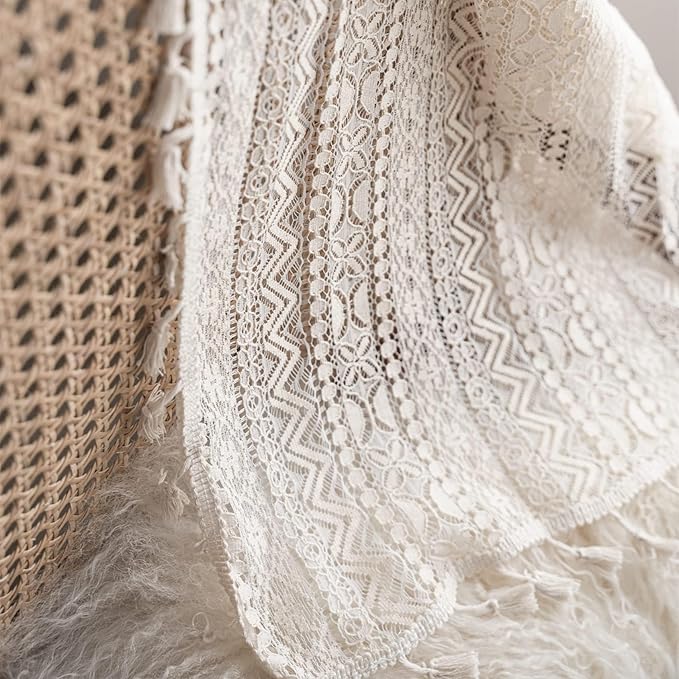 Sutuo Home Boho Lace Curtains for Kitchen Bedroom,Bohemian Crochet Sheer Cotton Tassels Knitted Window Treatment Geometry Country Vintage Rustic Drape Rod Pocket 1 Panel 59" W x 72" L, Beige Wave