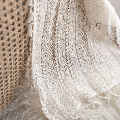 Sutuo Home Boho Lace Curtains for Kitchen Bedroom,Bohemian Crochet Sheer Cotton Tassels Knitted Window Treatment Geometry Country Vintage Rustic Drape Rod Pocket 1 Panel 59" W x 72" L, Beige Wave