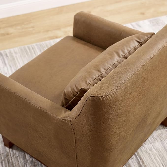 Extra Deep Accent Chair, Comfy Fabric Armchair with Wood Base, Upholstered Single Sofa Chair for Living Room & Bedroom, Faux Leather Brown