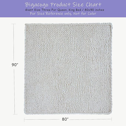 Bigacogo Chunky Knit Throw Blanket for Couch, 80x90 inches, 100% Hand Knitted with Thick Jumbo Chenille Yarn, Cozy Soft Large Rope Knot Cable Crochet Blankets for Sofa Bed Living Room, White
