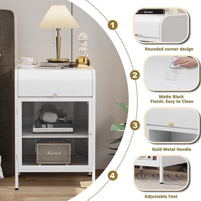 Modern Metal Side Tables Set of 2, End Tables with Glass Door, 2-Tier Nightstands with Storage Shelves, Accent Table, Slim Sofa Table for Living Room, Bedroom (White)