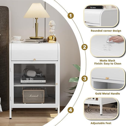 Modern Metal Side Tables Set of 2, End Tables with Glass Door, 2-Tier Nightstands with Storage Shelves, Accent Table, Slim Sofa Table for Living Room, Bedroom (White)