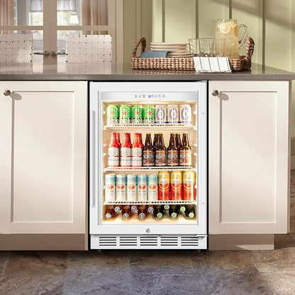 Tylza Beverage Refrigerator 24 Inch, Under Counter/Freestanding Drink Fridge, 190 Cans Beverage Cooler with Glass Door, Reversible Door, Low Noise, Quick Cooling - for Beer, Soda, ETC, White