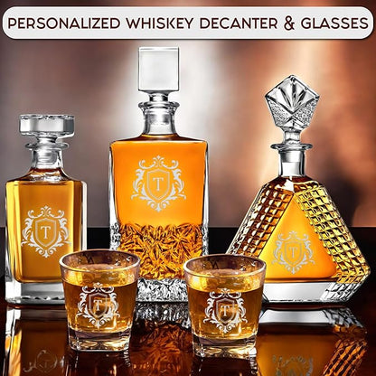 Personalized Square Whiskey Decanter Set for Men 750ml Luxury Gift for Valentine's, Birthdays, Anniversaries - Liquor Decanters with 2 or 4 Glasses Retirement, Weddings - 24 Engraved Design Options