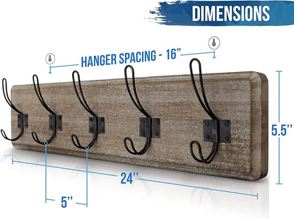 HBCY Creations Weathered Rustic Coat Rack Wall Mount with 5 Hooks, Solid Pine Wood 24 inch Wall Hooks for Entryway, Mudroom, Hallway, Bathroom - Vintage Farmhouse Style Wall Mounted Towel Rack