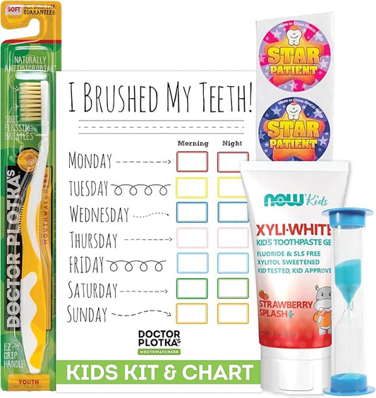 MOUTHWATCHERS Childrens Dental Care Kit: Toothbrush for Kids, 3 oz Strawberry Fluoride Free Toothpaste, Dry Erase Checkboard, Timer, Stickers, Manual Flossing Toothbrushes Gift Set, by Dr. Plotka's