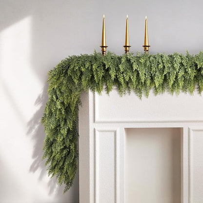 9ft Christmas Cedar Garland with Soft Thickness Pine, Artificial Green Faux Cedar Pine Garland for Mantle Fireplace Indoor Outdoor Holiday Party Home Decoration（2 Pcs）