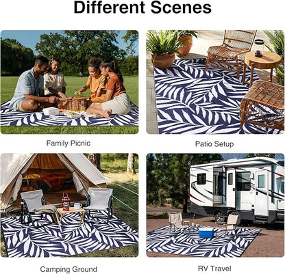 OLANLY Waterproof Outdoor Rug 9x12 ft, Reversible Outdoor Plastic Straw Rug with Leaf Pattern, RV Mat, Indoor Outdoor Carpet for Patio, Camping, Balcony, Deck, Backyard, Navy & White