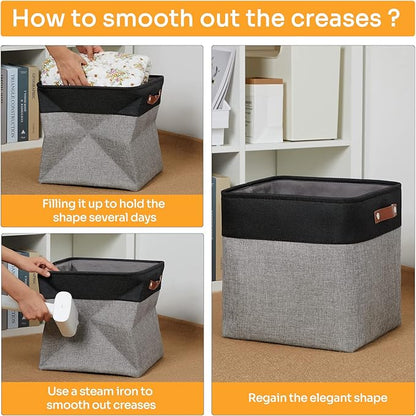 DULLEMELO Storage Bins for Organizing,Closet Storage Baskets for Gift Empty,Large Linen Canvas Storage Bins with Handles for Home Office Toys Shelves(Black&Grey, 13 inch Cube)