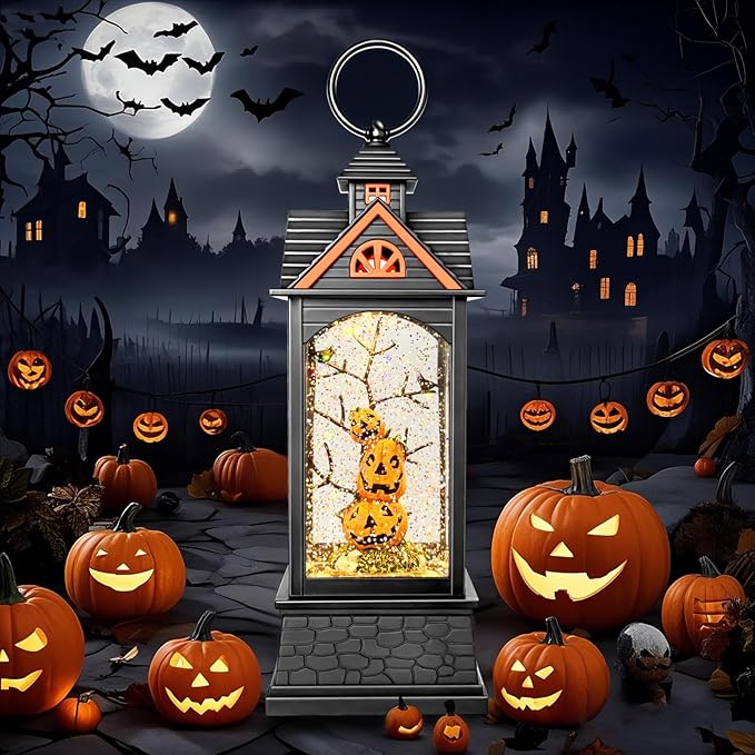 Halloween Snow Globe Lantern, Spooky Ghost Halloween Decor, Plug-in & Battery Operated Snow Globes for Halloween Decorations Indoor