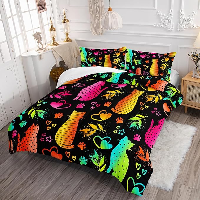 Kawaii Cat Animal Comforter 3Pcs Full Lovely Pet Cat Bedding Set for Kid Teen Girl Boy Adult Room Decor Cartoon Kitten Paw Heart Bamboo Leaf Pattern Quilt with 1 Comforter and 2 Pillowcases