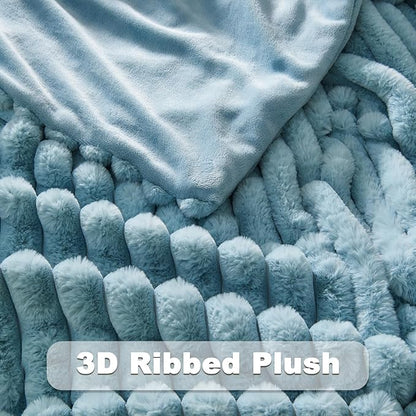 NEWCOSPLAY Faux Fur Twin Blanket Blue 3D Ribbed Plush Thick Warm Blanket for Couch Sofa Bed 850GSM (Blue Ribbed, Twin(60"x80"))