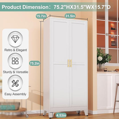 Metal Pantry Cabinet with 2 Doors and 5 Adjustable Shelves, 75" Kitchen Storage cabinets with Gold Handles, Versatile Storage for Laundry Room, Living Room, Bathroom, Dinning Room, Utility Room-White
