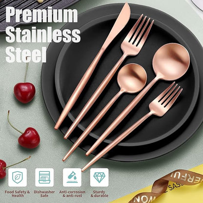 Matte Rose Gold Silverware Set for 4,Modern Stainless Steel Brushed Cutlery Set,20-Pieces Heavy Duty Flatware Set,Knives Spoons and Forks Set Utensils Set, Satin Finish, Dishwasher Safe