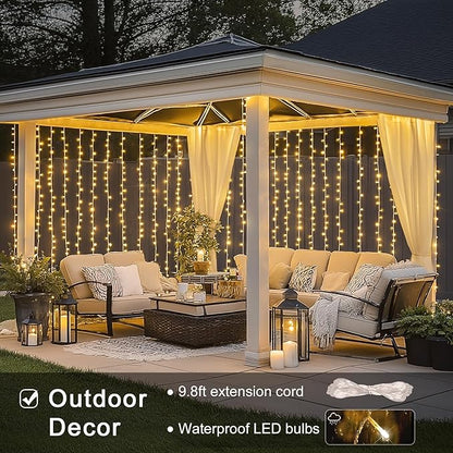 JMEXSUSS 300 LED Remote Control Curtain Lights, Plug in Fairy Curtain Lights Outdoor, Window Wall Hanging String Lights for Bedroom Backdrop Wedding Party Indoor Christmas Patio Dorm Decor, Warm White