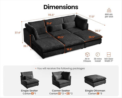 Oversized Modular Sofa, Extra Deep Cloud Corduroy Sectional Couch with Ottoman Chaise, Fluffy Chenille 6 Seater Couch Bed for Living Room, Villa (Sofa Bed 6 Seater, Corduroy Black)
