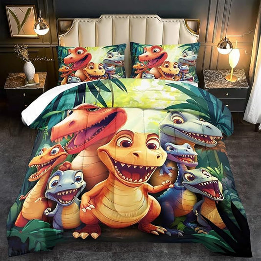 Dinosaur Comforter Set Queen Boys,Cartoon 3D Dinosaur Bedding Set Queen Bed Kids,3D Dragon Comforter Dragon Quilt Pattern Bedroom Decor,Cute Animal Bedding Kawaii Animal Quilt Girls