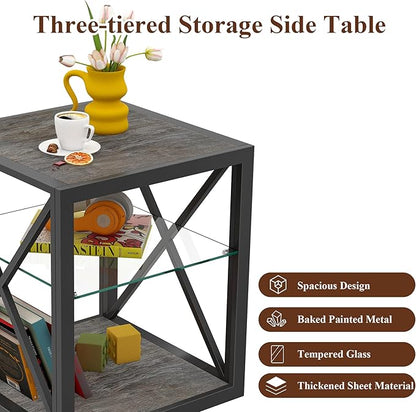 Farmhouse End Table Set of 2, Modern Side Table with 3-Tier Storage Shelf, Square Rustic Nightstand, Accent Tea Table, for Bedroom Office Living Room, Grey, Natural Wood, Glass, Metal