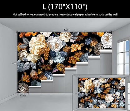 WFBHUA-Black and Gold Floral Wallpaper for Bedroom Vintage Blue Peony Flower Wall Mural (Not Peel and Stick)