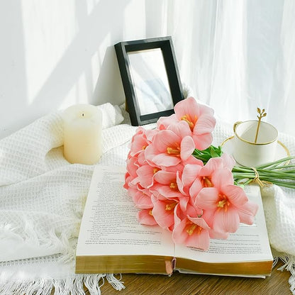 Mandy's Artificial Tulips 12 Stems Pink Fully Bloomed PU Faux Flowers for Wedding Home Decor 13.5 Inch