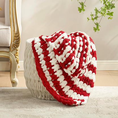 Amélie Home Chunky Knit Blanket Throw, Thick Soft Yarn Chunky Throw 50x60, Handmade Chenille Cable Knitted Crochet Throw Blanket, Warm Rope Knot Blanket for Couch Bed Sofa, Red White Stripe