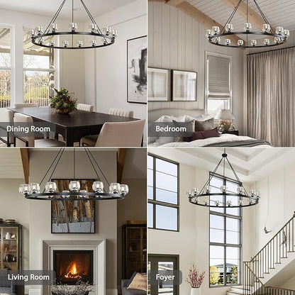 Black Wagon Wheel Chandelier, 59 Inch Black Chandeliers with Unique Glass Shade, 15-Light Crystal Large Wagon Wheel Chandeliers for Dining Room, High Ceiling Round Chandelier for Living Room, Foyer