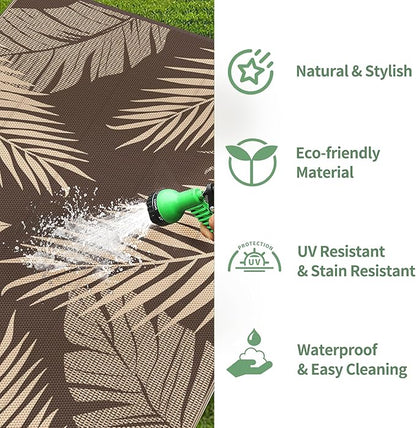 GENIMO Outdoor Rug 6' x 9' Waterproof for Patios Clearance, Reversible Outdoor Plastic Straw Camping Rug Carpet, Large Area Rugs Mats for RV, Camper, Deck, Balcony, Porch, Beach, Picnic, Coffee&Beige