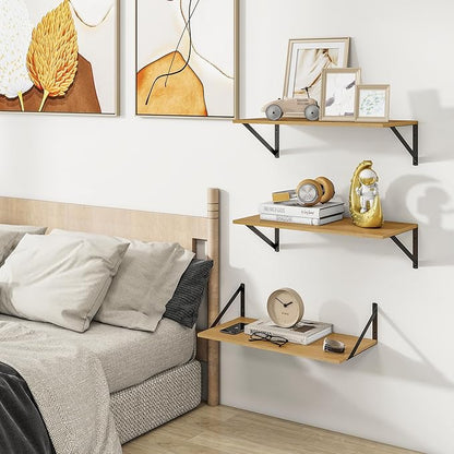 Heimlove 24" W x 12" D Wall Shelves for Books, 12 Inch Deep Floating Shelves Set of 3, Wide Floating Bookshelf with Metal Bracket for Living Room, Kitchen, Office, Bedroom and Decor Storage - Oak