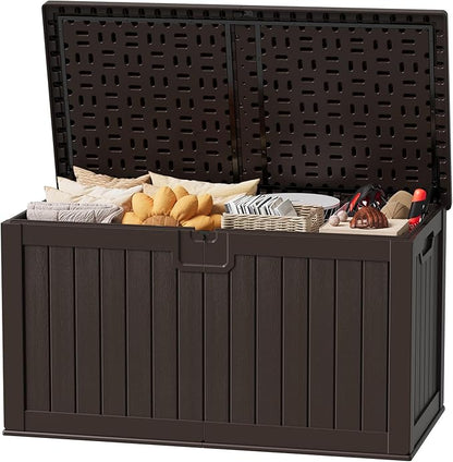 JUMMICO 250 Gallon Outdoor Resin Deck Box with Divider, Waterproof Storage Box with Lockable Lid&Side Handles for Garden Tools, Pools Supplies (Brown)