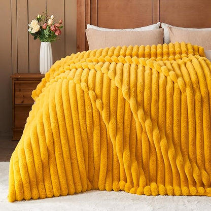 NEWCOSPLAY Faux Fur Twin Blanket Mustard Yellow 3D Ribbed Plush Thick Warm Blanket for Couch Sofa Bed 850GSM (Mustard Yellow Ribbed, Twin(60"x80"))