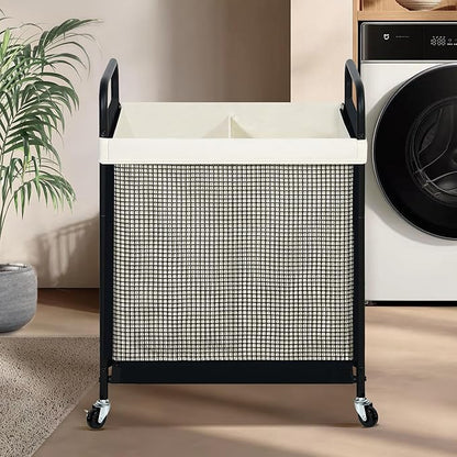STO STO Laundry Hamper 2 Section, 100L Rolling Laundry Sorter Cart with Removable and Washable Liner Bag, Rolling Clothes Hamper with Metal Handle for Laundry Room and Bedroom
