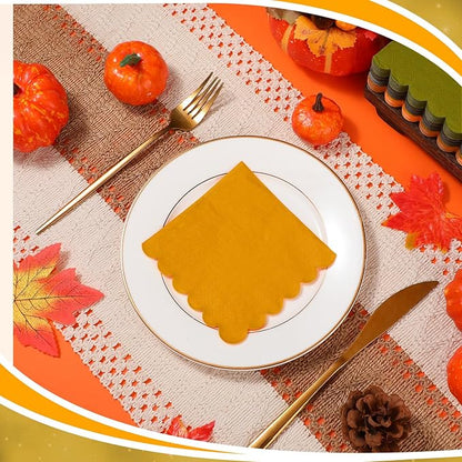 150 Pcs 5 x 5 Inches Fall Thanksgiving Paper Napkins Scalloped Cocktail Napkins Disposable Autumn Harvest Party Supplies Dessert Beverage Bathroom Table Dinner Wedding Decor