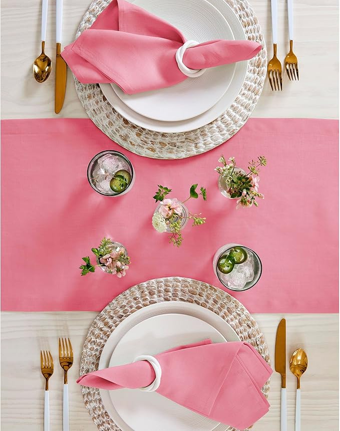 Solino Home Linen Pink Carnation Table Runner 48 Inches - 100% Pure Linen Short Table Runner 14 x 48 Inch Ideal for Dresser and Coffee Tables - Halloween - Fete