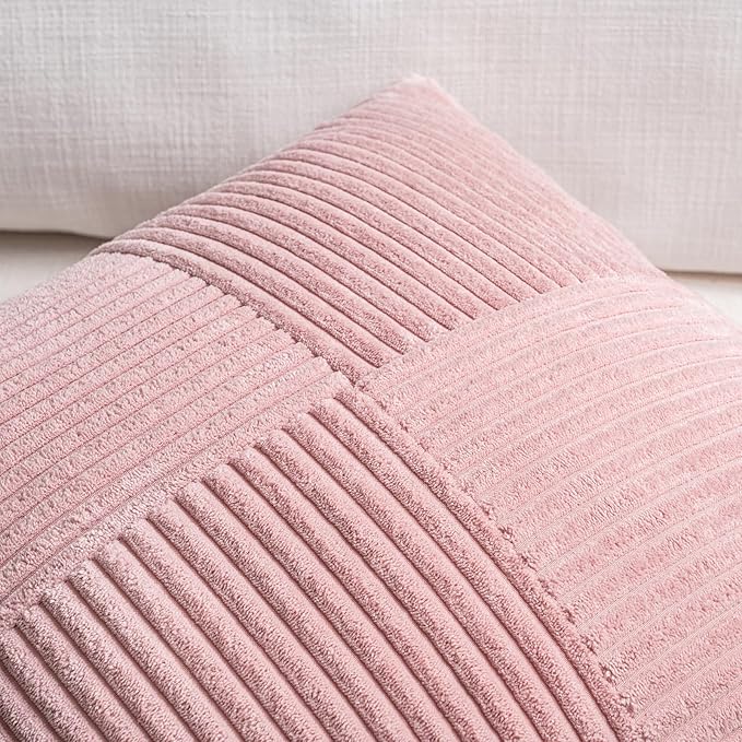 Fancy Homi 2 Packs Blush Pink Samll Decorative Throw Pillow Covers 14x14 Inch with for Couch Bed Sofa, Rustic Farmhouse Boho Home Decor, Soft Corss Patchwork Corduroy Square Cushion Case 35x35 cm