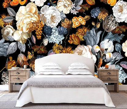 WFBHUA-Black and Gold Floral Wallpaper for Bedroom Vintage Blue Peony Flower Wall Mural (Not Peel and Stick)
