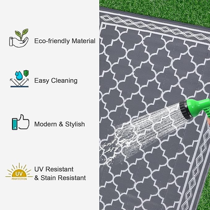 GAOMON Outdoor Rugs Patio Camping Waterproof Rug 6'x9' Plastic Straw Patio Rug Portable for Campers, Outside RVs Mat for Patios Clearance, Backyard Porch, Balcony, Grey/White(Geometric)