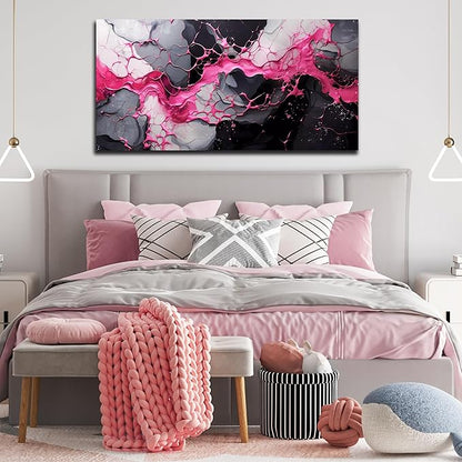 GUGIKA Abstract Wall Art for Living Room, Pink Canvas Wall Decor for Girls Bedroom Decor, Pigment Texture Print, Size 29x59 Inches
