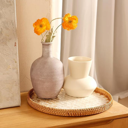 Round Rattan Tray with Mother of Pearl Inlay & Wooden Base - Decorative Wicker Serving Tray for Coffee/Bread/Fruits, Food Storage & Display - Multipurpose Home Decor (L,Fish Scales)