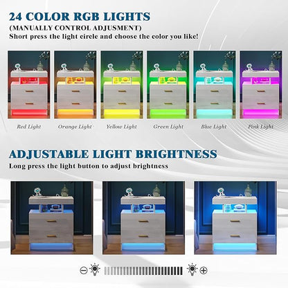 Night Stand with Light, High Gloss Nightstand with USB/Wireless Charging Station, LED White Nightstands with Storage Drawers, RGB Side End Table for Bedroom Furniture（White