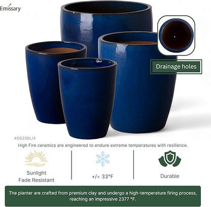 Emissary Bullet 9.5 in. Blue Ceramic Round Planter (9.5 in. L x 9.5 in. W x 12 in. H) with Drainage Hole