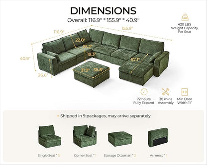 Oversized Modular Sofa Comfy Cloud Couch with Storage, Extra Deep Plush Sectional Sofa Set for Living Room, Covers Washable, Chenille, Olar (Green, 8-Seater with Corner & 2 Ottomans, u-Shaped)