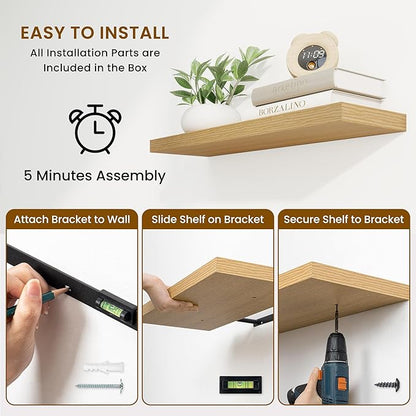 Fun Memories 24 Inch Floating Shelves for Wall, 9 Inch Deep Oak Rustic Wood Wall Mounted Shelves for Bathroom, Kitchen, Living Room, Set of 2