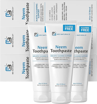 Fluoride-Free Neem Toothpaste with Mint for Adults & Kids with Sensitivity | Vegan, Gluten & SLS Free Herbal Formula for Sensitive Teeth, Healthy Gums and Fresh Breath, 4.23 oz (120g) Pack of 3 by M3