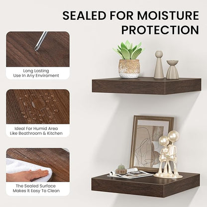 Square Floating Shelves for Wall, 8" W x 8" D x 1.2" H, Small Wooden Wall Mounted Display Shelves with Invisible Brackets for Living Room, Bedroom, Bathroom, Kitchen Decor, Set of 4, Walnut