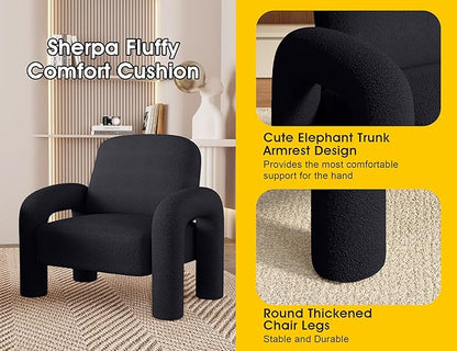 Modern Sherpa Accent Chair, Teddy Upholstered Arm Single Sofa, Cozy Fluffy Reading Chair for Living Room, Bedrooms, Corner (Black)