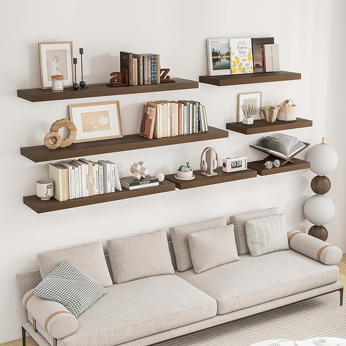 RICHFOCUS 55Inch Floating Shelves for Wall 2 Pack Shelves for Bedroom|Kitchen|Bathroom Wall Mounted Rustic Wood Floating Shelf with Invisible Brackets for Books|Storage|Decor, Walnut