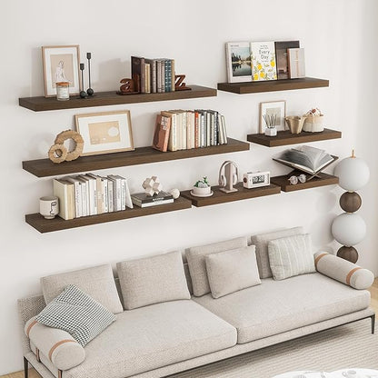 RICHFOCUS 55Inch Floating Shelves for Wall 2 Pack Shelves for Bedroom|Kitchen|Bathroom Wall Mounted Rustic Wood Floating Shelf with Invisible Brackets for Books|Storage|Decor, Walnut