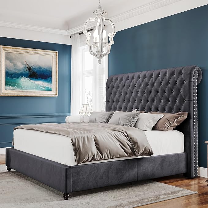 PaPaJet Bed Frame Queen Size Upholstered Platform Bed with 52.8'' Tall Sleigh Headboard, Button Tufted, No Box Spring Needed, Easy Assembly, Dark Grey
